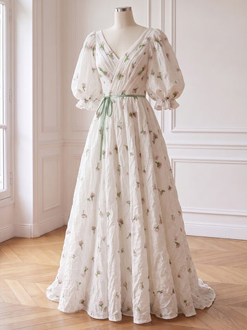 Floral Embroidery Prom Dresses V Neck Half Sleeve Long Gowns for Photoshoot Birthday Party