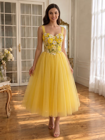 3D Floral Applique Midi Prom Dresses Yellow Tulle Spaghetti Straps A Line Corset