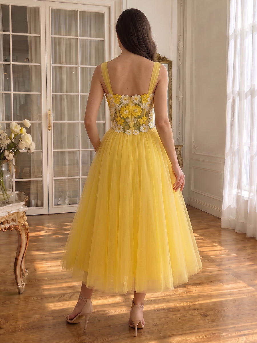 3D Floral Applique Midi Prom Dresses Yellow Tulle Spaghetti Straps A Line Corset