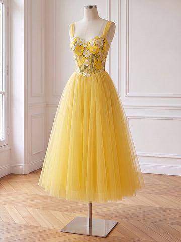 3D Floral Applique Midi Prom Dresses Yellow Tulle Spaghetti Straps A Line Corset