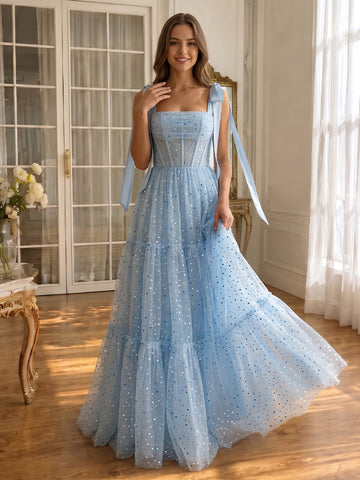Light Blue Prom Dresses Sequin Tulle Bow Strap Tiered Gowns For Birthday Party