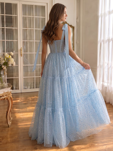Light Blue Prom Dresses Sequin Tulle Bow Strap Tiered Gowns For Birthday Party