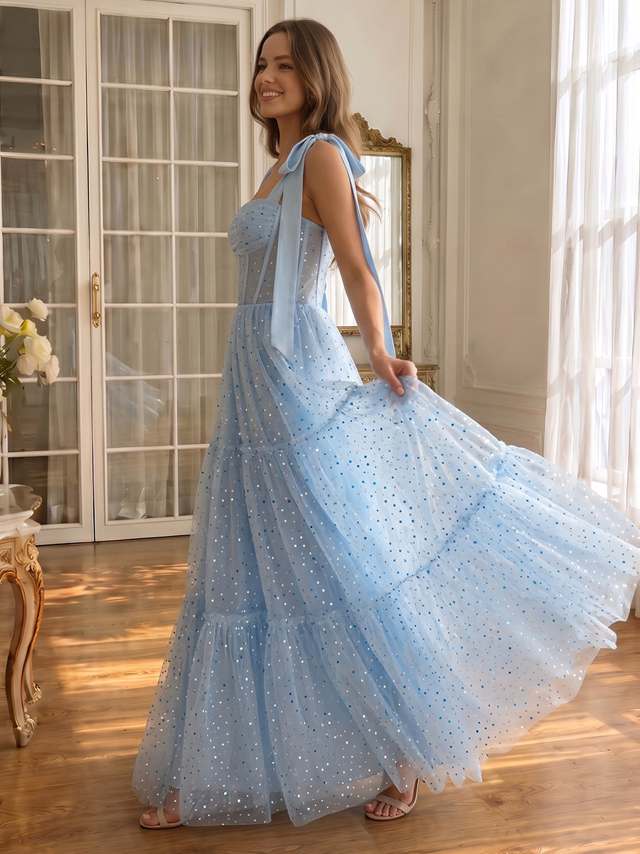 Light Blue Prom Dresses Sequin Tulle Bow Strap Tiered Gowns For Birthday Party