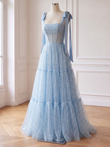 Light Blue Prom Dresses Sequin Tulle Bow Strap Tiered Gowns For Birthday Party