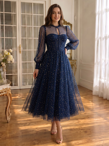 Navy Blue Prom Dresses Sequin Sheer Round Neck Formal Party Gowns Long Sleeves