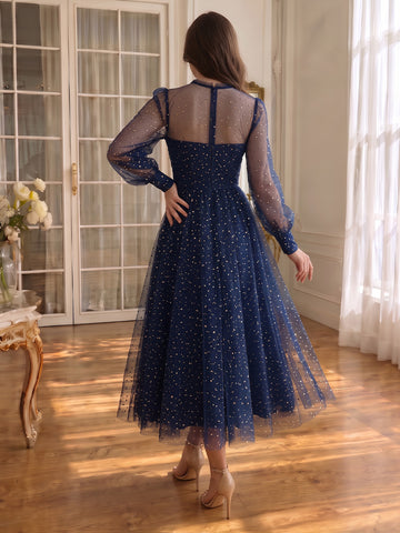 Navy Blue Prom Dresses Sequin Sheer Round Neck Formal Party Gowns Long Sleeves