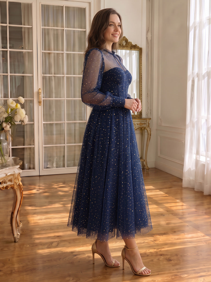 Navy Blue Prom Dresses Sequin Sheer Round Neck Formal Party Gowns Long Sleeves