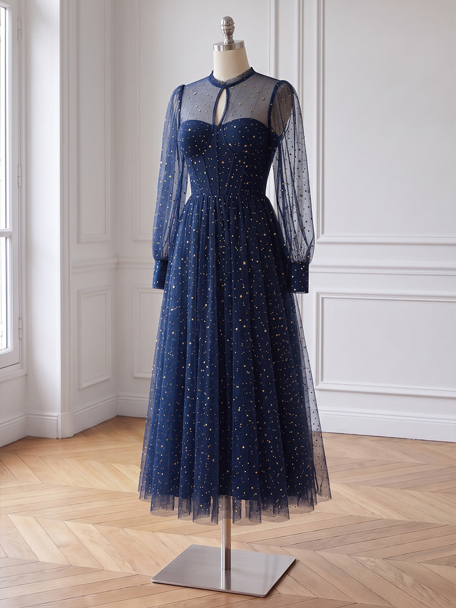 Navy Blue Prom Dresses Sequin Sheer Round Neck Formal Party Gowns Long Sleeves