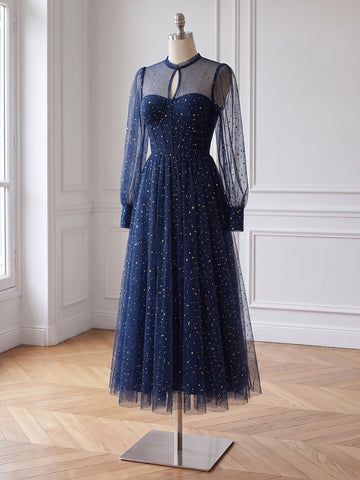 Navy Blue Prom Dresses Sequin Sheer Round Neck Formal Party Gowns Long Sleeves