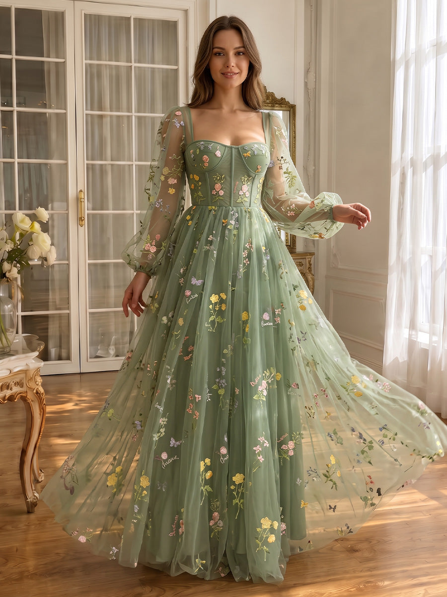 Floral Embroidered Long Prom Dresses for Photoshoot Tulle Sage Floral Embroidered Ruched Sweetheart Neck with Sleeves Party Gown