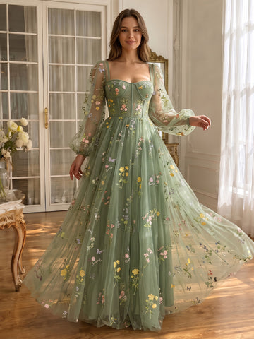 Floral Embroidered Long Prom Dresses for Photoshoot Tulle Sage Floral Embroidered Ruched Sweetheart Neck with Sleeves Party Gown