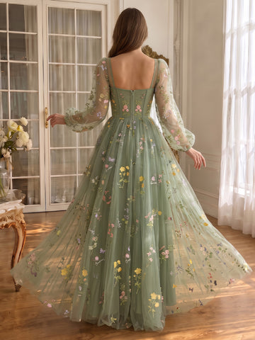 Floral Embroidered Long Prom Dresses for Photoshoot Tulle Sage Floral Embroidered Ruched Sweetheart Neck with Sleeves Party Gown