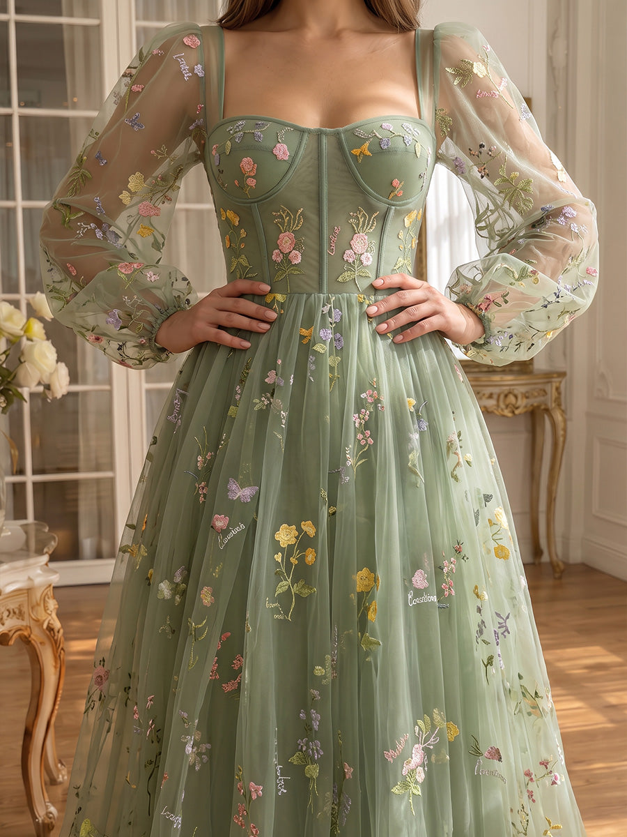 Floral Embroidered Long Prom Dresses for Photoshoot Tulle Sage Floral Embroidered Ruched Sweetheart Neck with Sleeves Party Gown