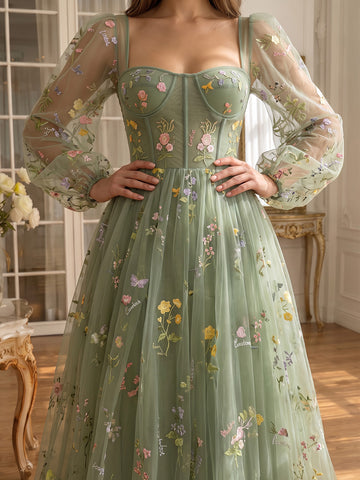 Floral Embroidered Long Prom Dresses for Photoshoot Tulle Sage Floral Embroidered Ruched Sweetheart Neck with Sleeves Party Gown