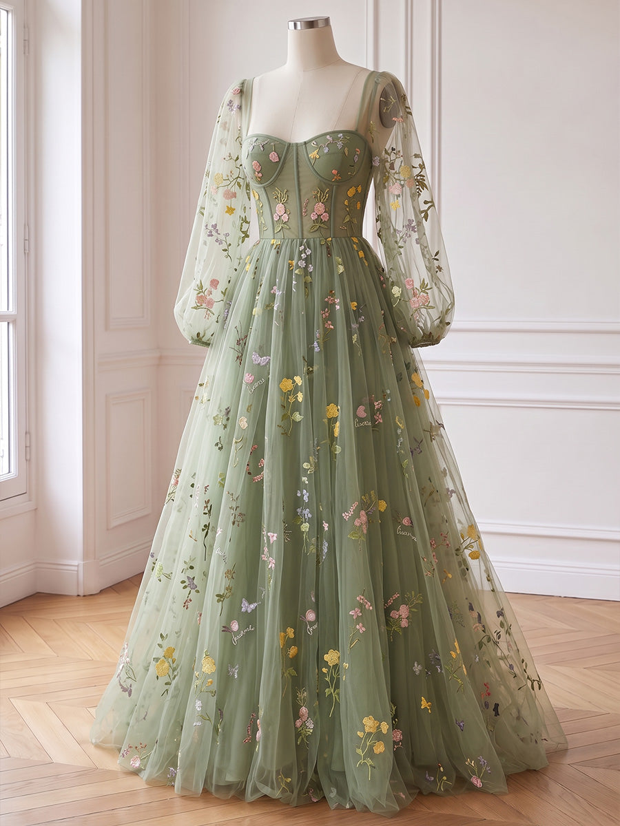 Floral Embroidered Long Prom Dresses for Photoshoot Tulle Sage Floral Embroidered Ruched Sweetheart Neck with Sleeves Party Gown