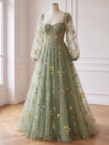 Floral Embroidered Long Prom Dresses for Photoshoot Tulle Sage Floral Embroidered Ruched Sweetheart Neck with Sleeves Party Gown