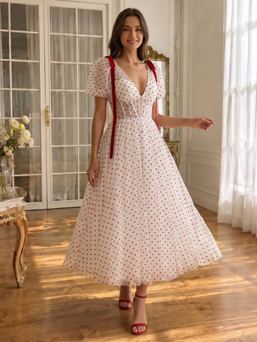Prom Dresses Heart Dot Tulle Puff Sleeve V Neck Corset Midi Formal Party Gowns