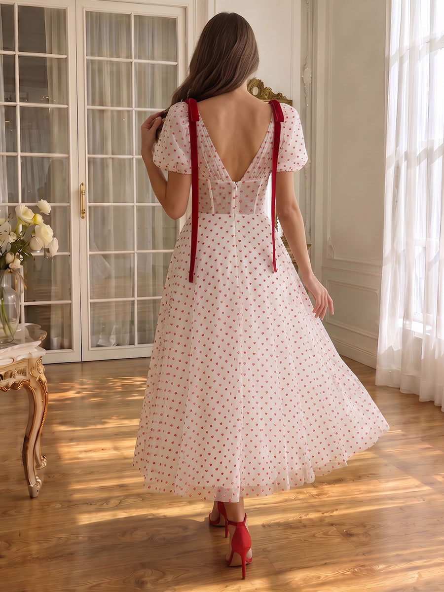 Prom Dresses Heart Dot Tulle Puff Sleeve V Neck Corset Midi Formal Party Gowns