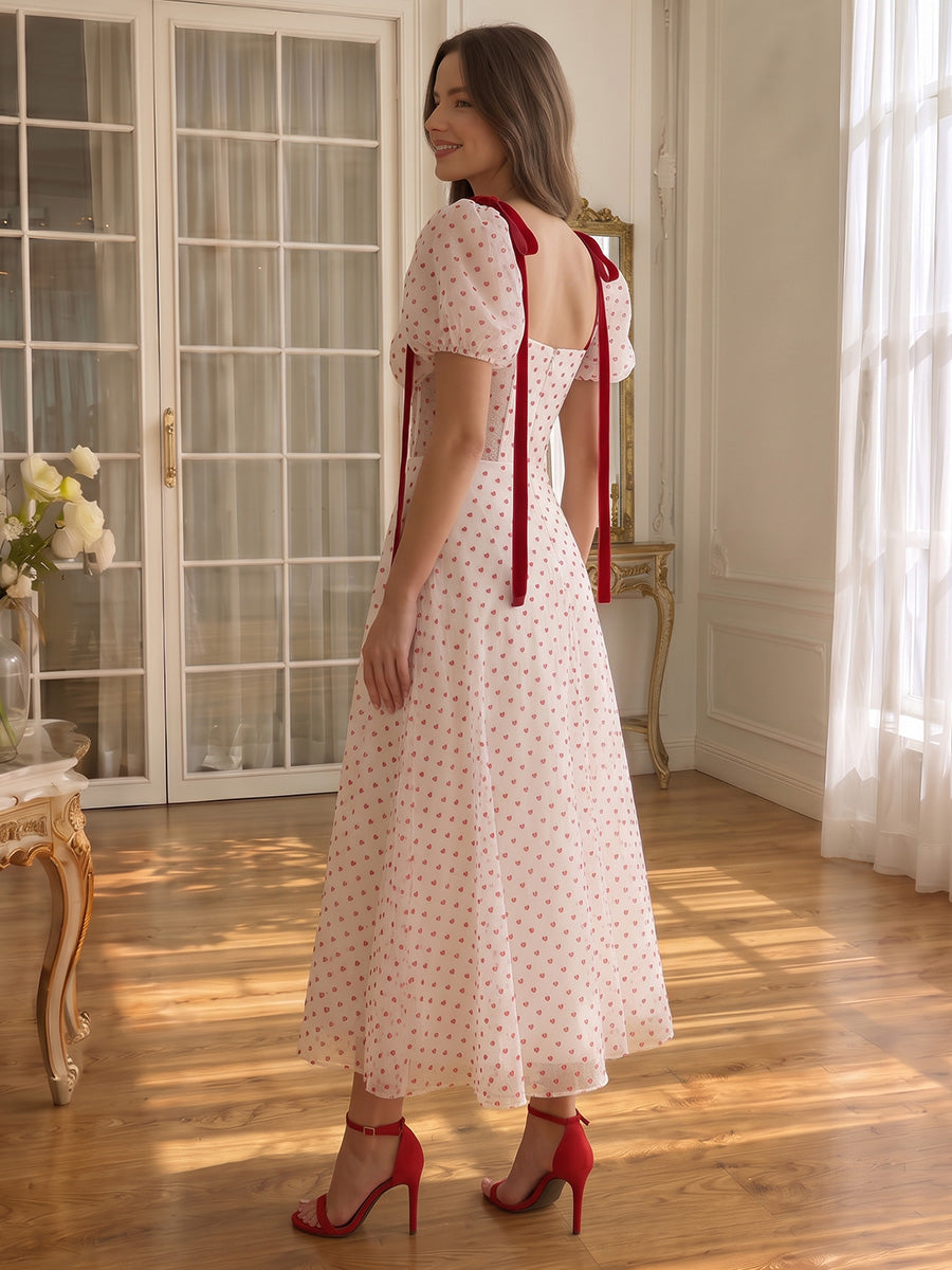 Prom Dresses Heart Dot Tulle Puff Sleeve V Neck Corset Midi Formal Party Gowns