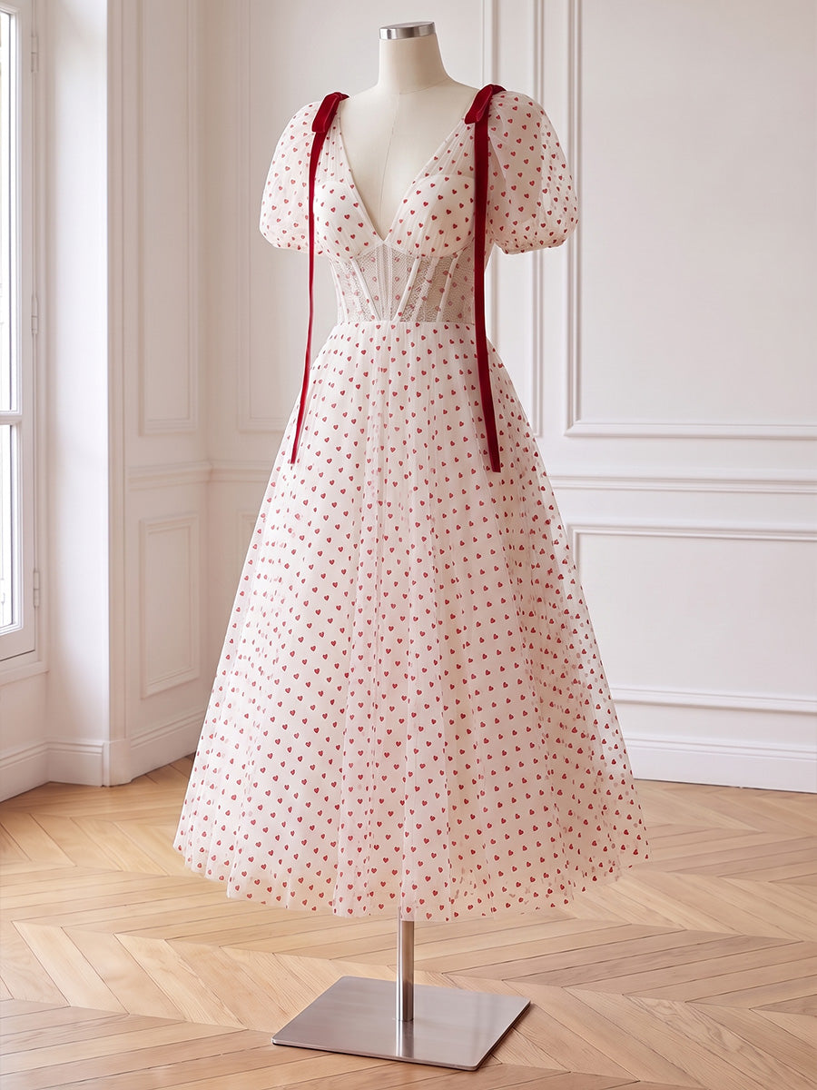 Prom Dresses Heart Dot Tulle Puff Sleeve V Neck Corset Midi Formal Party Gowns