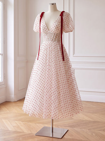 Prom Dresses Heart Dot Tulle Puff Sleeve V Neck Corset Midi Formal Party Gowns