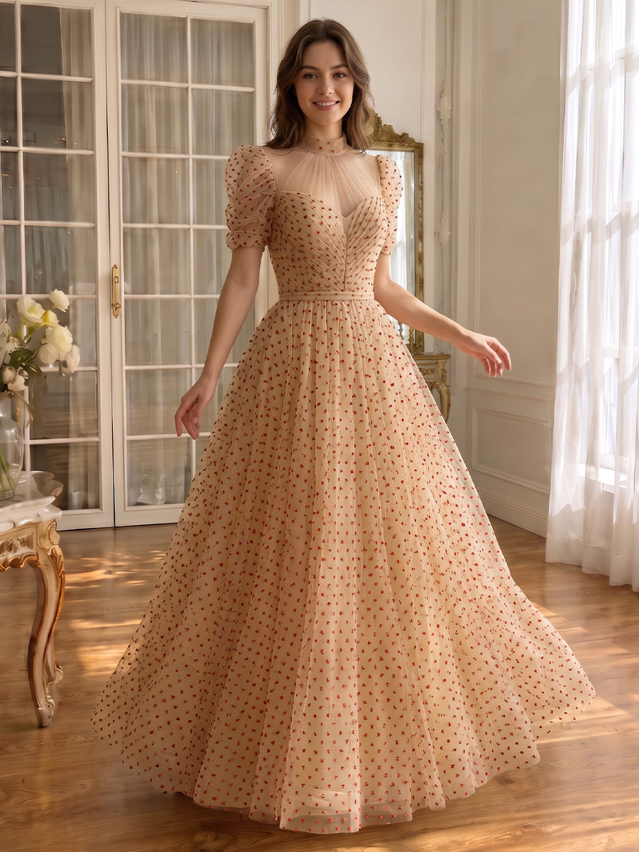 Champagne Red Dot Prom Dresses Tulle Puff Sleeve High Neck A Line Long Formal Evening Gowns