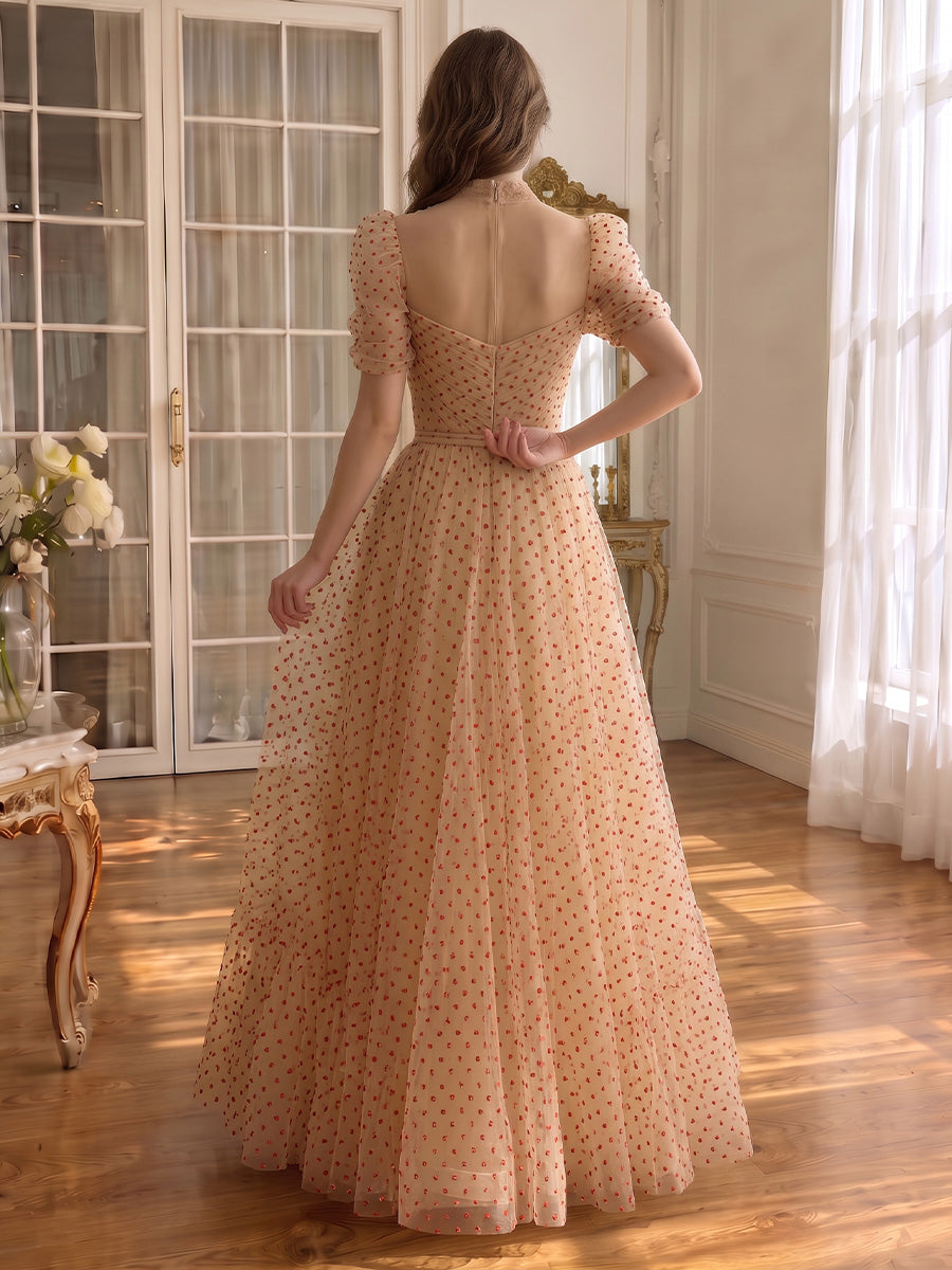 Champagne Red Dot Prom Dresses Tulle Puff Sleeve High Neck A Line Long Formal Evening Gowns