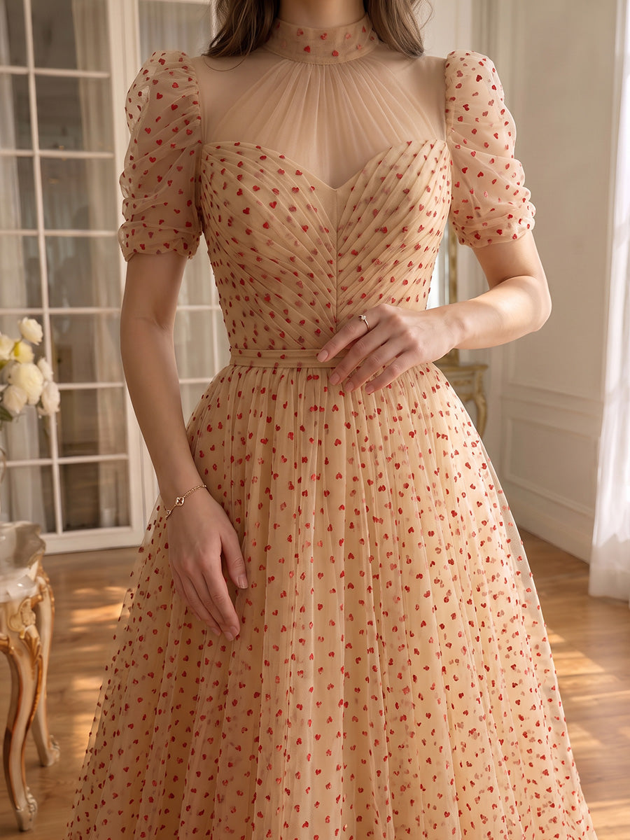 Champagne Red Dot Prom Dresses Tulle Puff Sleeve High Neck A Line Long Formal Evening Gowns