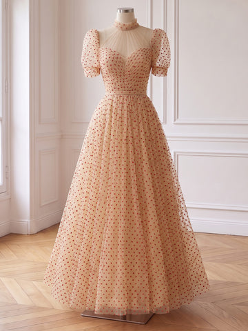 Champagne Red Dot Prom Dresses Tulle Puff Sleeve High Neck A Line Long Formal Evening Gowns