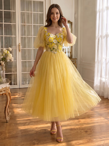 3D Floral Applique Midi Prom Dresses Yellow Tulle Puff Sleeve A Line Corset Formal Gown