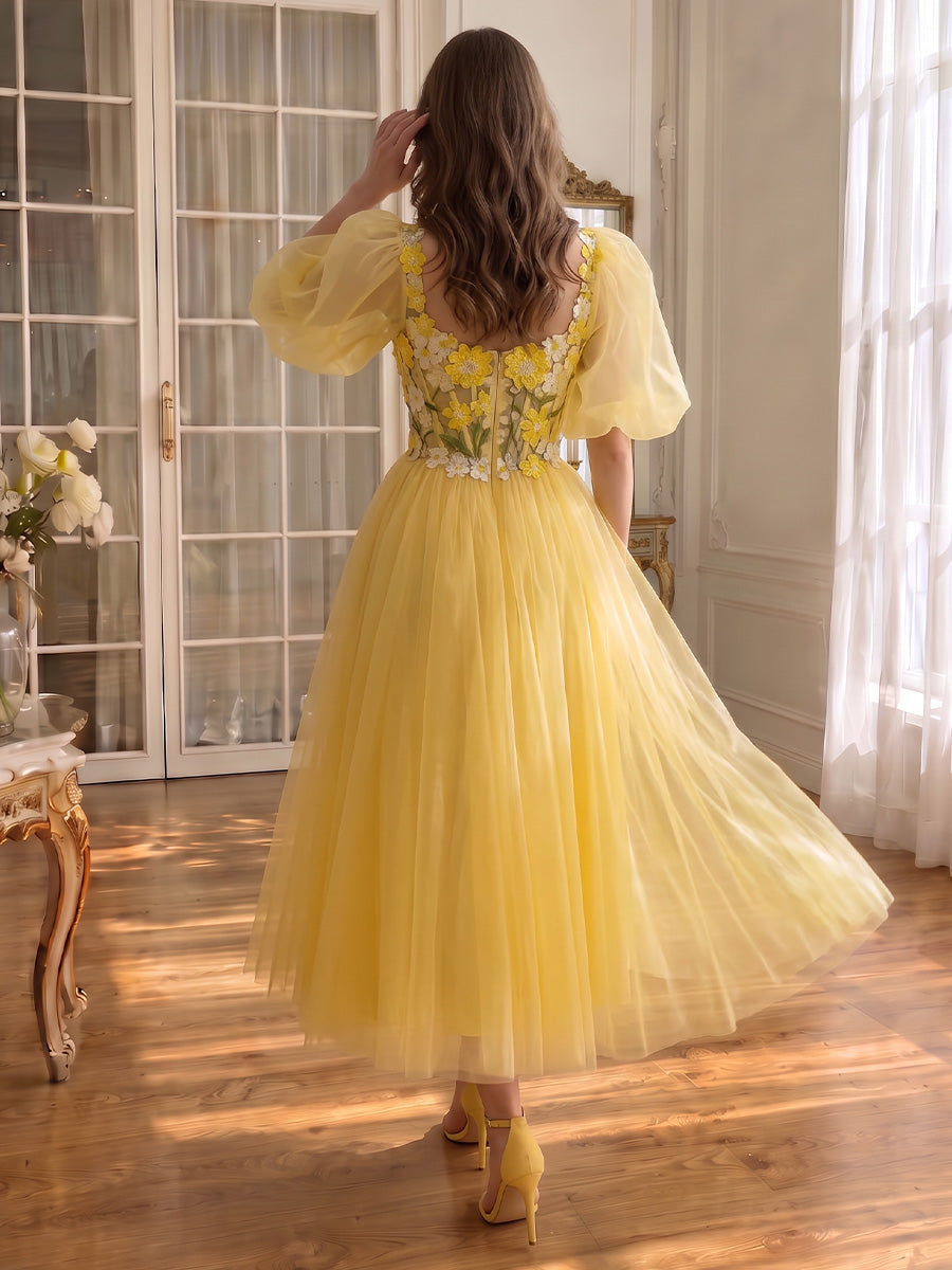 3D Floral Applique Midi Prom Dresses Yellow Tulle Puff Sleeve A Line Corset Formal Gown