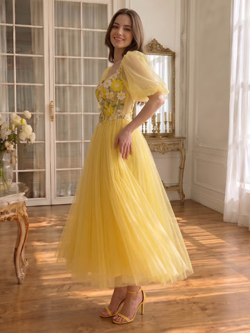 3D Floral Applique Midi Prom Dresses Yellow Tulle Puff Sleeve A Line Corset Formal Gown