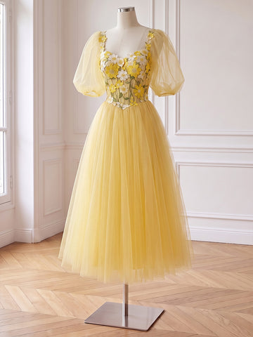 3D Floral Applique Midi Prom Dresses Yellow Tulle Puff Sleeve A Line Corset Formal Gown