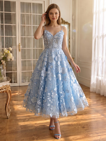 V Neck Prom Dresses Light Blue 3D Floral Lace Spaghetti Strap Midi Formal Party Gowns