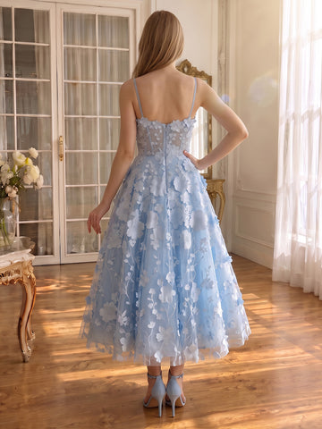 V Neck Prom Dresses Light Blue 3D Floral Lace Spaghetti Strap Midi Formal Party Gowns
