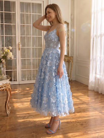 V Neck Prom Dresses Light Blue 3D Floral Lace Spaghetti Strap Midi Formal Party Gowns