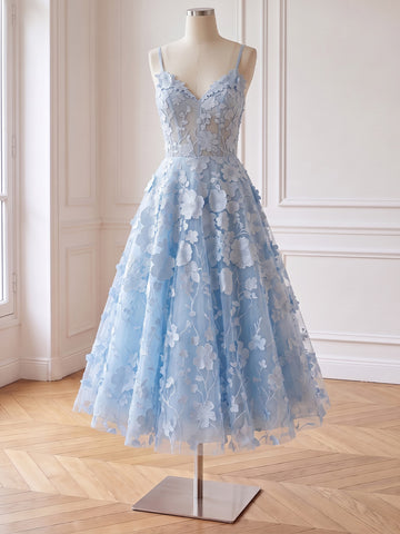 V Neck Prom Dresses Light Blue 3D Floral Lace Spaghetti Strap Midi Formal Party Gowns