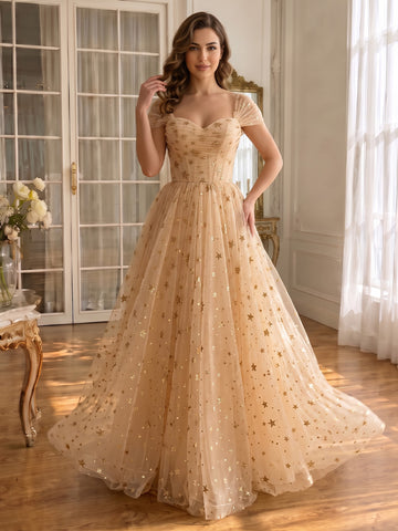 Champagne Prom Dresses Gold Star Tulle Sweetheart Neck Short Sleeve A Line Long Evening Gowns