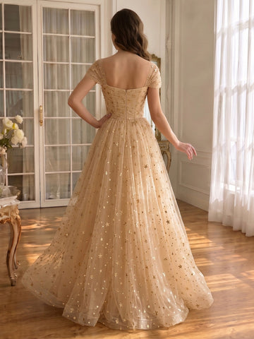 Champagne Prom Dresses Gold Star Tulle Sweetheart Neck Short Sleeve A Line Long Evening Gowns