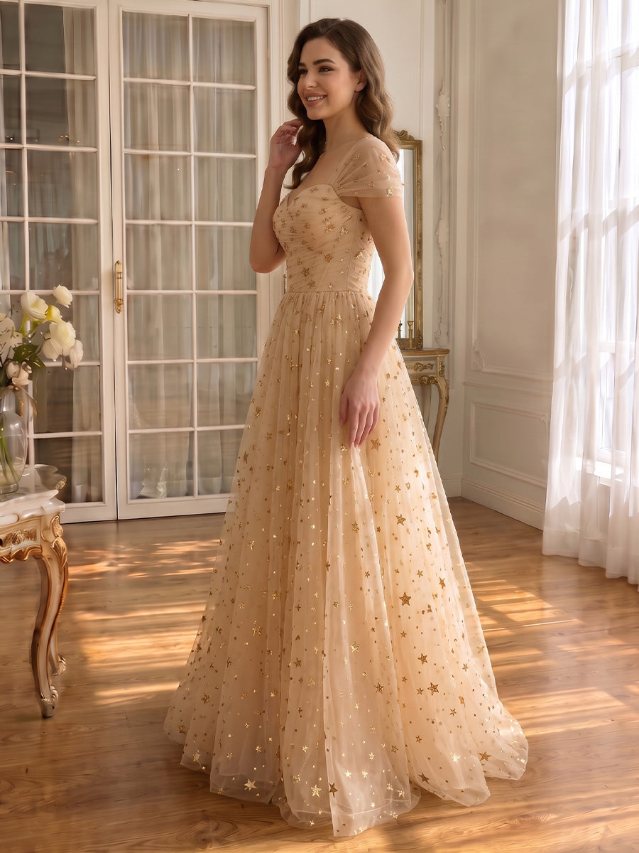 Champagne Prom Dresses Gold Star Tulle Sweetheart Neck Short Sleeve A Line Long Evening Gowns
