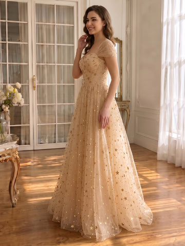 Champagne Prom Dresses Gold Star Tulle Sweetheart Neck Short Sleeve A Line Long Evening Gowns