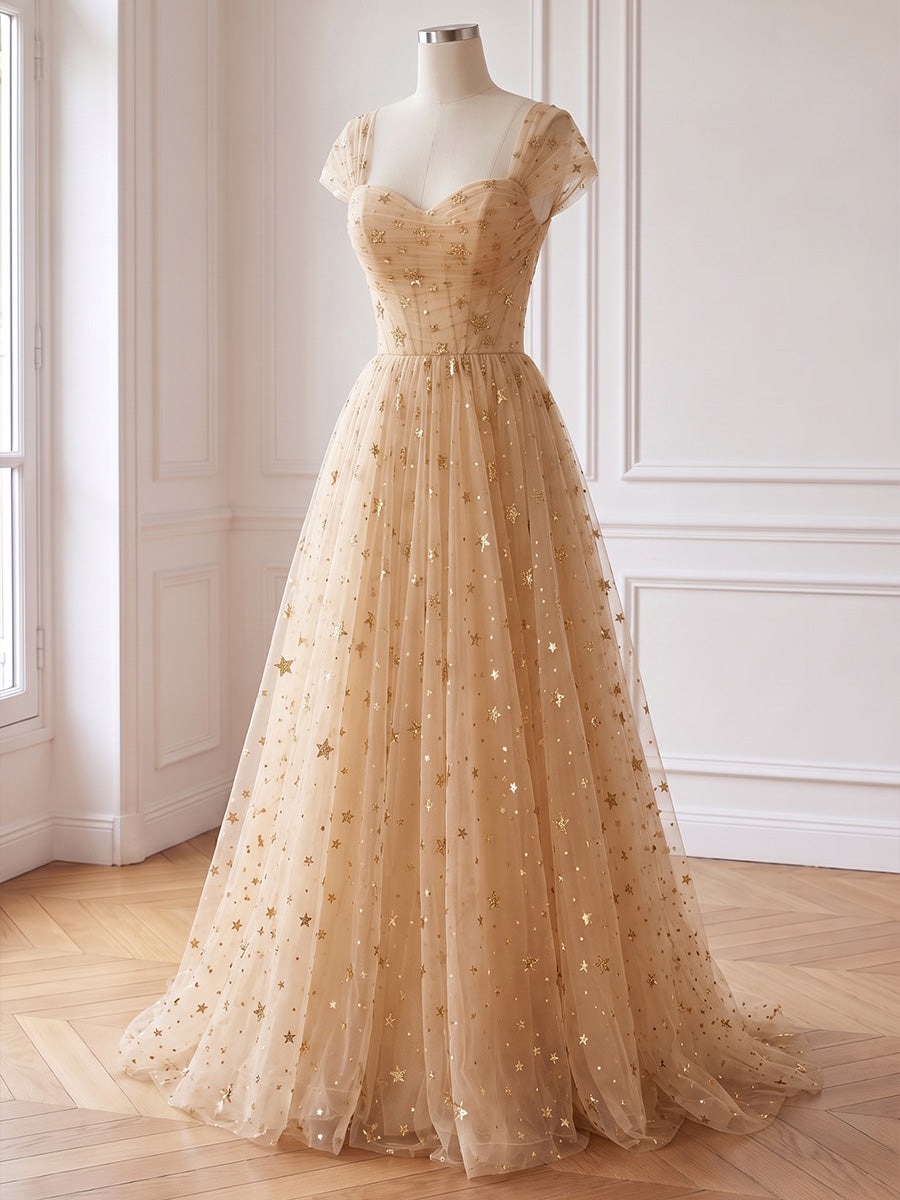 Champagne Prom Dresses Gold Star Tulle Sweetheart Neck Short Sleeve A Line Long Evening Gowns