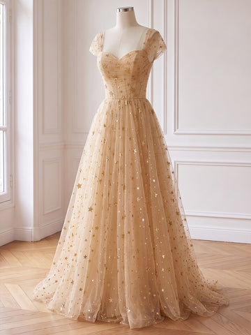 Champagne Prom Dresses Gold Star Tulle Sweetheart Neck Short Sleeve A Line Long Evening Gowns
