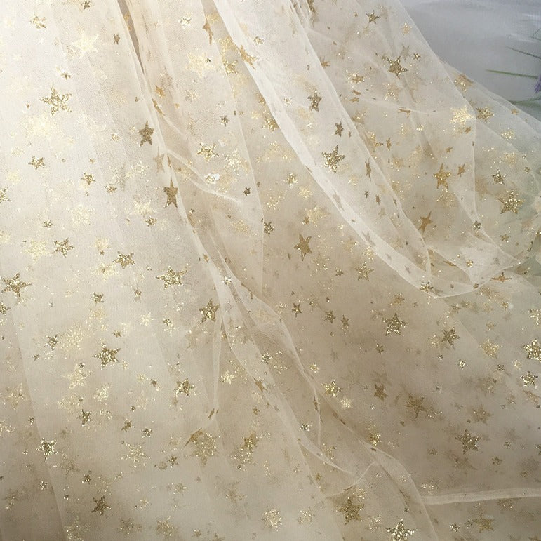 Champagne Prom Dresses Gold Star Tulle Sweetheart Neck Short Sleeve A Line Long Evening Gowns