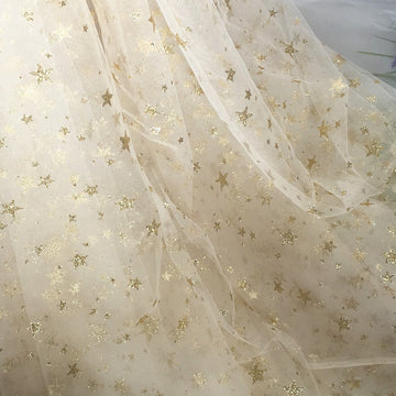 Champagne Prom Dresses Gold Star Tulle Sweetheart Neck Short Sleeve A Line Long Evening Gowns