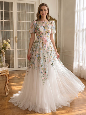 Ivory Prom Dresses Floral Embroidery Puff Sleeve Boat Neck Tulle A Line Long Formal Gowns for Wedding