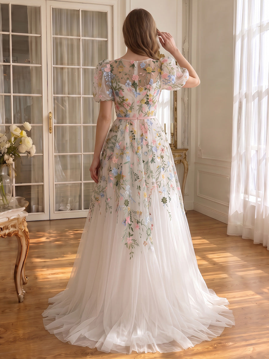 Ivory Prom Dresses Floral Embroidery Puff Sleeve Boat Neck Tulle A Line Long Formal Gowns for Wedding