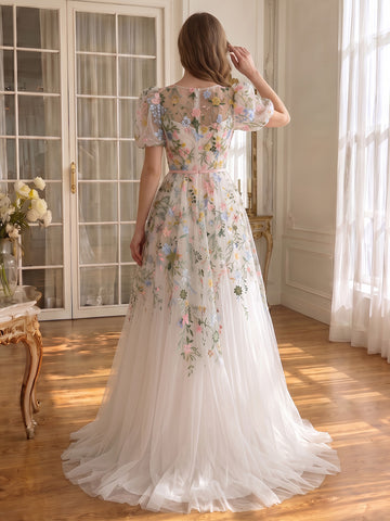 Ivory Prom Dresses Floral Embroidery Puff Sleeve Boat Neck Tulle A Line Long Formal Gowns for Wedding