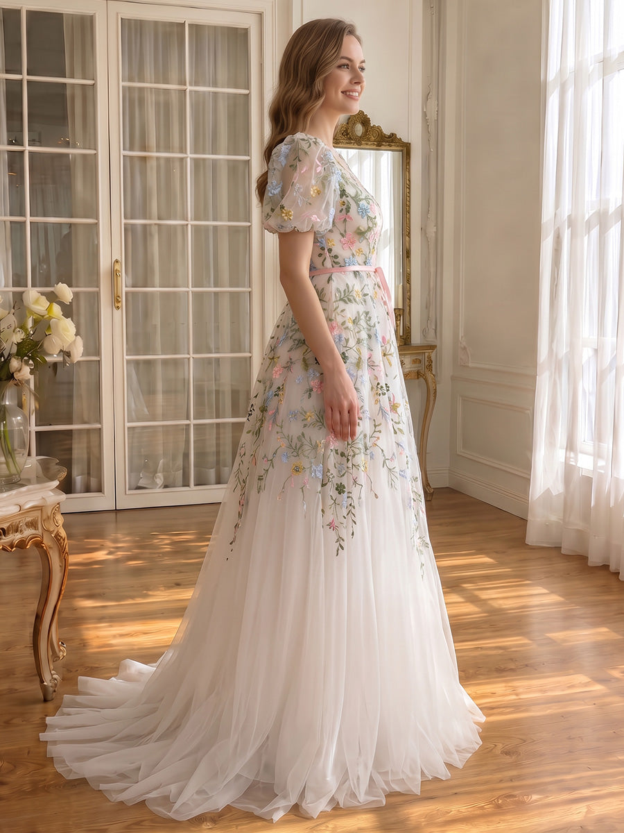 Ivory Prom Dresses Floral Embroidery Puff Sleeve Boat Neck Tulle A Line Long Formal Gowns for Wedding