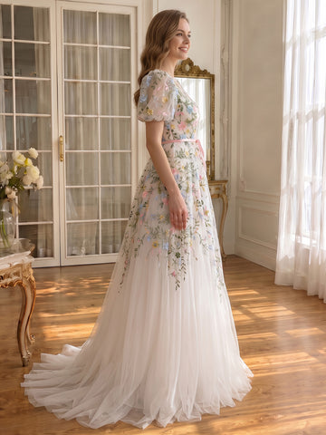 Ivory Prom Dresses Floral Embroidery Puff Sleeve Boat Neck Tulle A Line Long Formal Gowns for Wedding